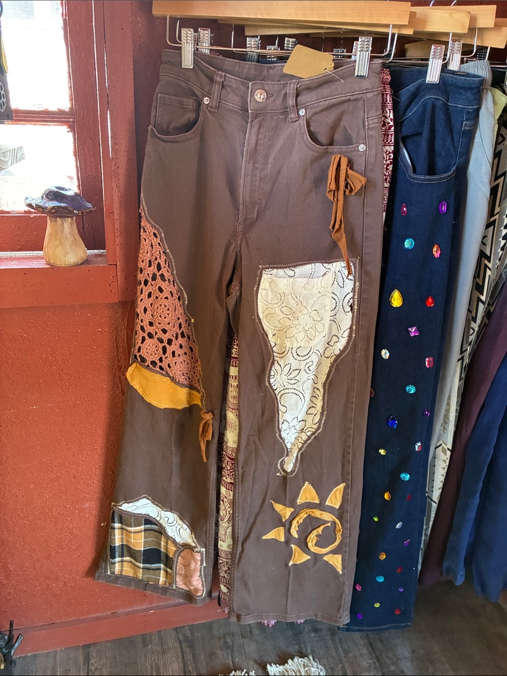 Divided Brown Flare Jeans with Patchwork & Sun Motif